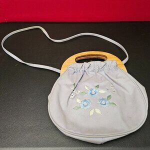 Powder Blue Cloth Clutch/Shoulder Bag w/ Floral Embroidery -Vintage 1970s